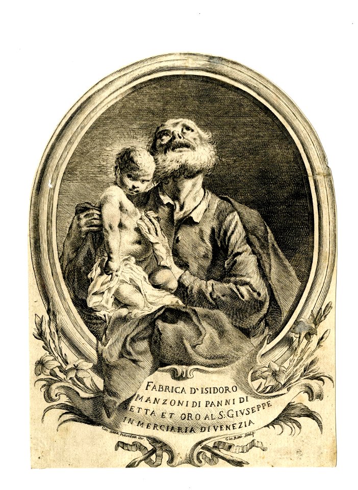 Giovanni Rivi - Trade card of Isidoro Manzoni, with an oval of St Joseph with the infant Christ, 1951,0714.263