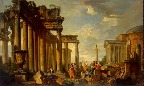 Giovanni Paolo Pannini - St Sibyl's Sermon in Roman Ruins with the Statue of Apollo, 1740s. Free illustration for personal and commercial use.