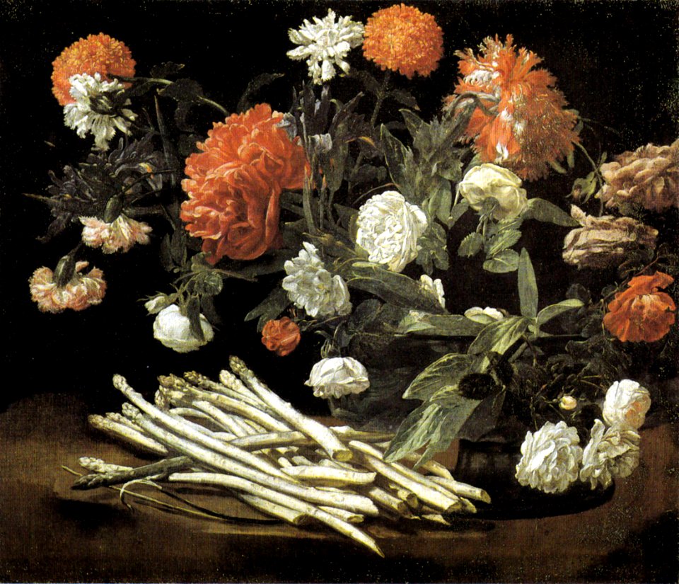Giovanni martinelli, natura morta con rose, asparagi, peonie e garofani