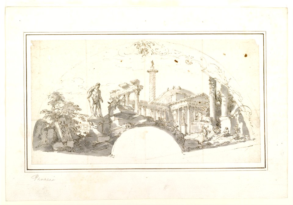 Giovanni Paolo Panini - Design for a Fan- Capriccio with Roman Ruins and the Farnese Hercules - Google Art Project