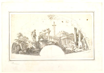 Giovanni Paolo Panini - Design for a Fan- Capriccio with Roman Ruins and the Farnese Hercules - Google Art Project