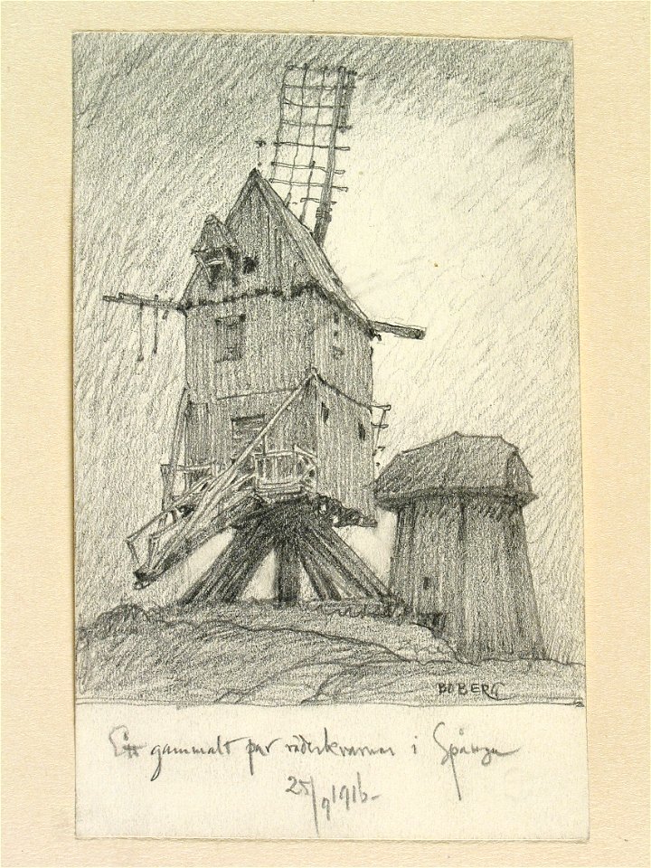 Ett gammalt par väderkvarnar i Spånga . Uppland, Sollentuna hd., Spånga sn - Nordiska museet - NMA.0088471