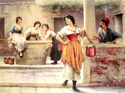 Eugene de Blaas Flirtation at the Well. Free illustration for personal and commercial use.