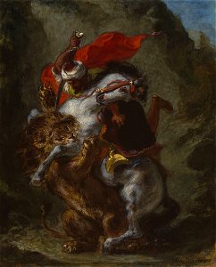 Eugène Delacroix - Arab Horseman Attacked by a Lion - 1922.403 - Art Institute of Chicago. Free illustration for personal and commercial use.