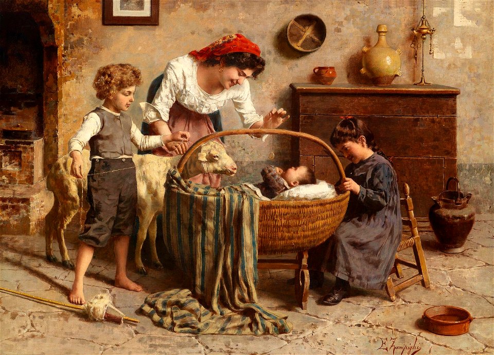 Eugenio Zampighi - Idyllic Family Scene with Newborn