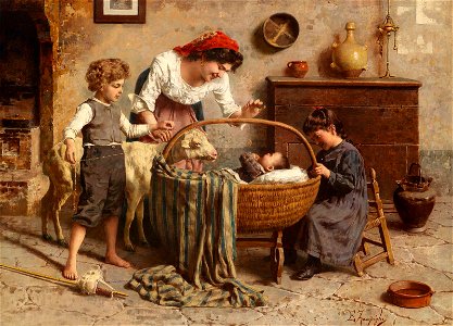 Eugenio Zampighi - Idyllic Family Scene with Newborn. Free illustration for personal and commercial use.