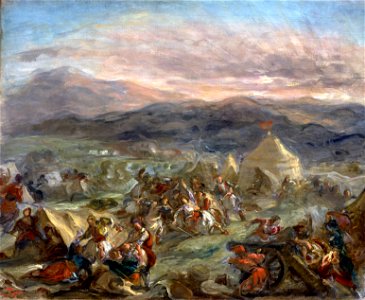 Eugène Delacroix - Botzaris Surprises the Turkish Camp and Falls Fatally Wounded - Google Art Project