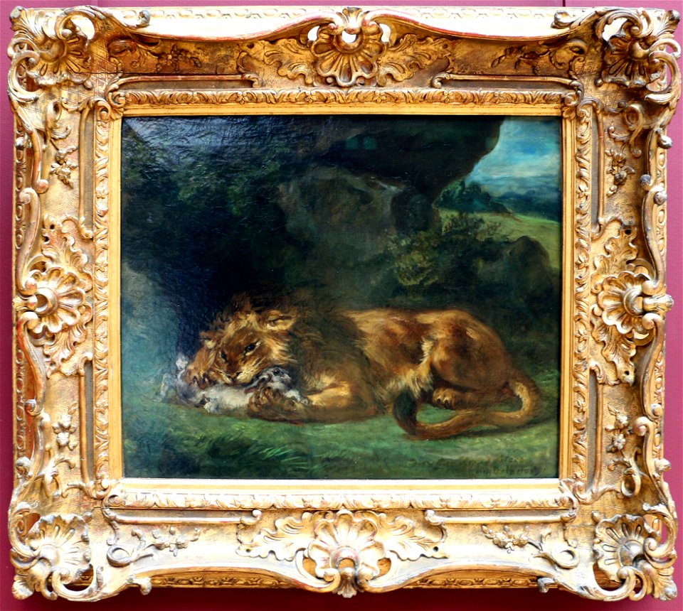 Eugène delacroix, leone che sbrana un coniglio, 1855 ca