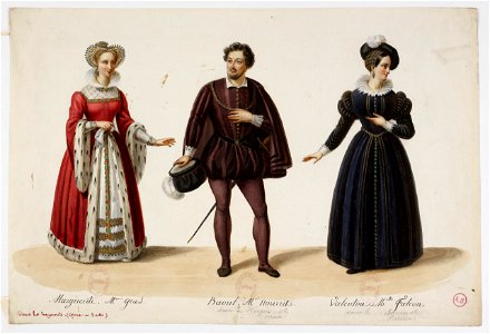 Eugène Du Faget - Costume designs for Les Huguenots - 2. Julie Dorus-Gras as Marguerite, Adolphe Nourrit as Raoul, and Cornélie Falcon as Valentine - Original