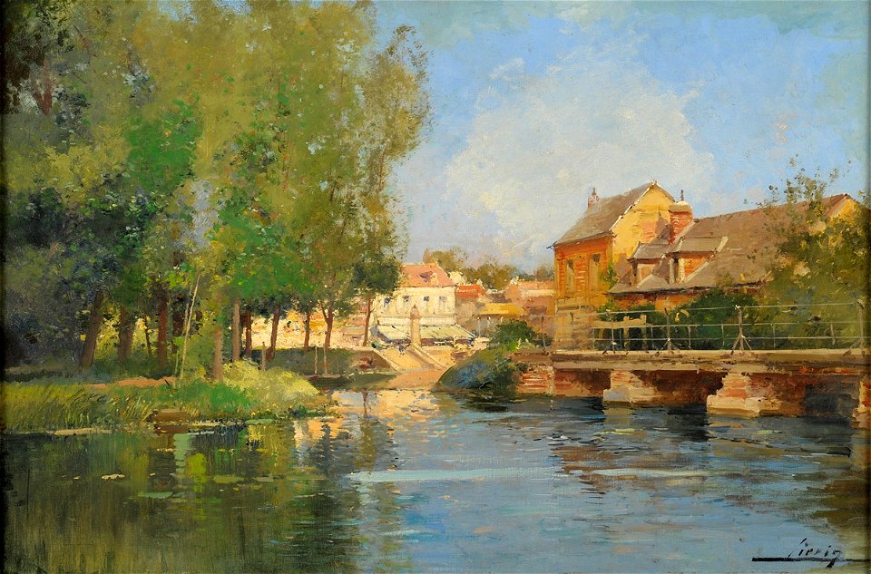Eugène Galien-Laloue Sommerliche Flusslandschaft mit Stadtansicht