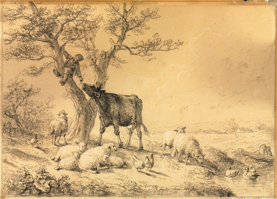 Eugène Joseph Verboeckhoven (Belgian, 1798-1881) - Landscape with Animals and Boy in Tree - 1937.57 - Cleveland Museum of Art