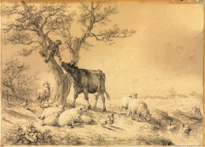 Eugène Joseph Verboeckhoven (Belgian, 1798-1881) - Landscape with Animals and Boy in Tree - 1937.57 - Cleveland Museum of Art