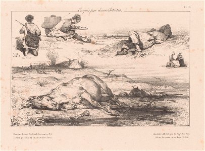 Eugène Lepoittevin, studies of soldiers and a dead horse, 1830, Rijksmuseum. Free illustration for personal and commercial use.