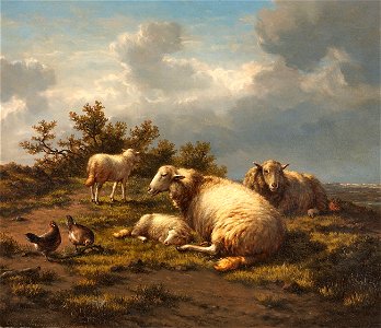 Eugène Verboeckhoven Landschaft mit Schafen und Hühnern