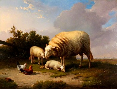 Eugène Joseph Verboeckhoven (1798-1881) - A Sheep, Two Lambs, a Cock and a Hen in a Landscape - 461455 - National Trust. Free illustration for personal and commercial use.