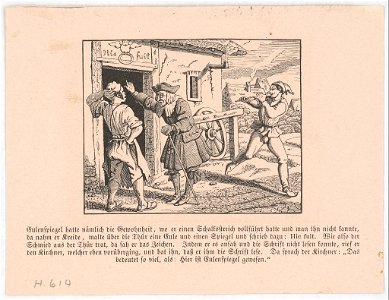 Eulenspiegel hatte nämlich die Gewohnheit, wo er einen Schalksstreich vollführt hatte und man ihn nicht kannte, da nahm er Kreide, malte über die Thür eine Eule und einen Spiegel und schrieb LCCN2017660124