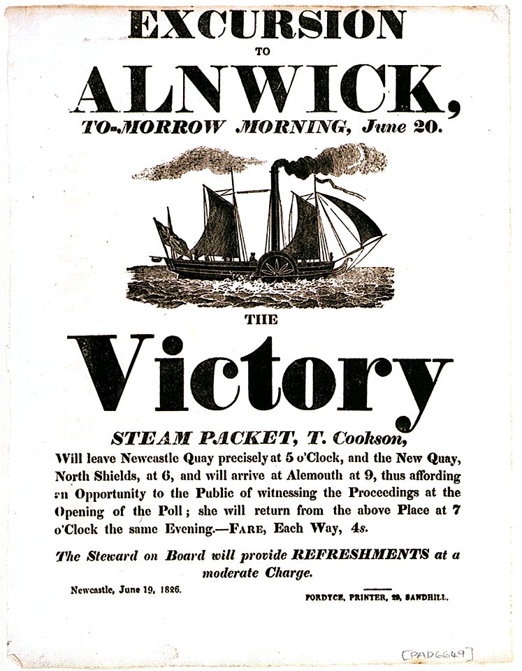 Excursion to Alnwick, To-morrow morning, June 20. The Victory Steam Packet, T. Cookson RMG PU6649