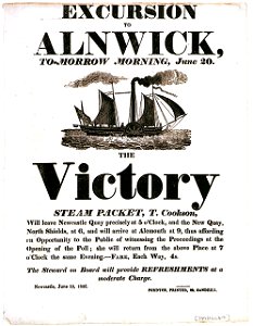 Excursion to Alnwick, To-morrow morning, June 20. The Victory Steam Packet, T. Cookson RMG PU6649