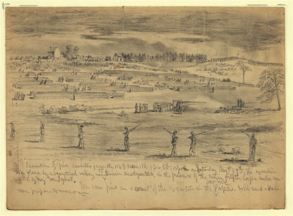Execution of five deserters from the 118th Pennsylvania Volunteers, 1st Division, 5th Corps, before the entire 5th Corps, Beverly Ford, Va. LCCN2004661836