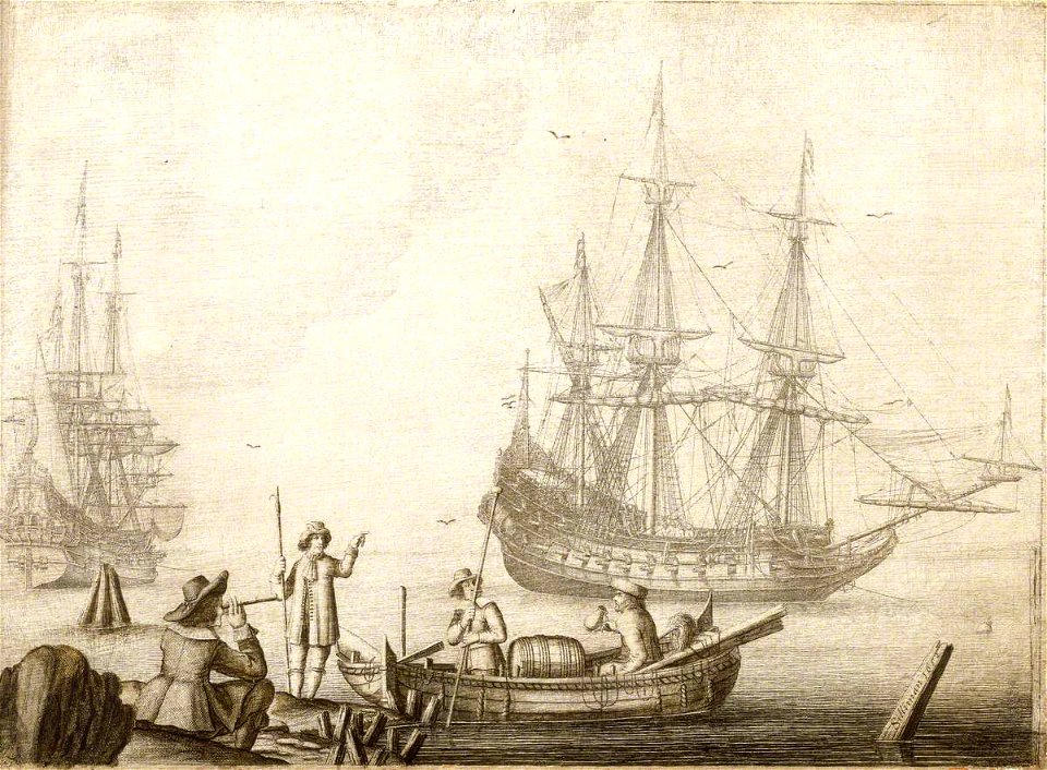 Experiens Sillemans (1611-1653) - Men in a Boat near Two Dutch Ships - BHC0765 - Royal Museums Greenwich