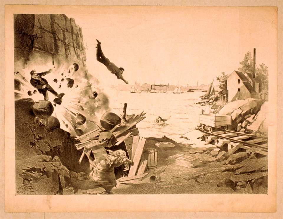 Explosion in rock formation with people running, man diving into water, and woman in water LCCN2014636835