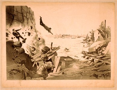Explosion in rock formation with people running, man diving into water, and woman in water LCCN2014636835