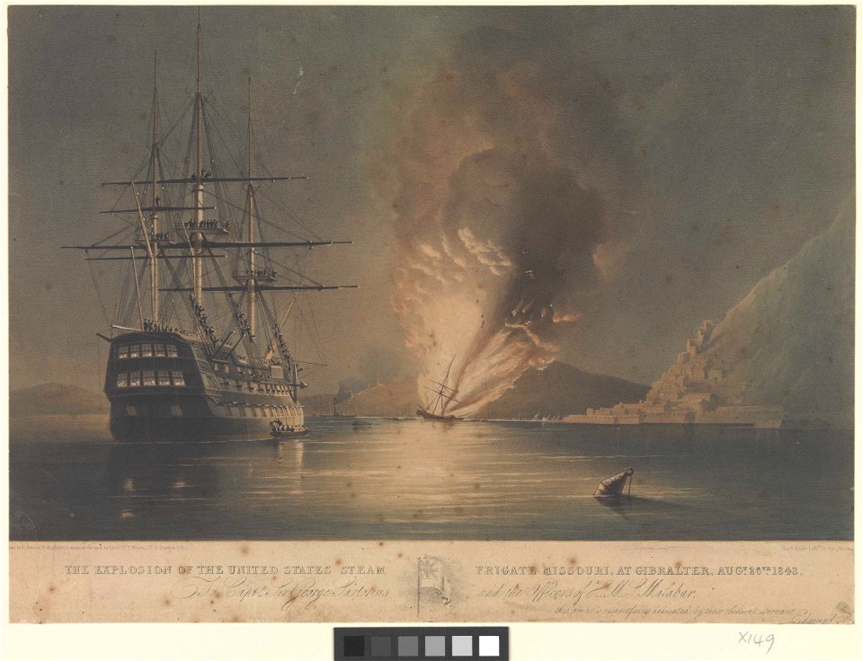 Explosion of the United States Steam Frigate Missouri at Gibraltar, Augt 26th 1843 RMG PW8029