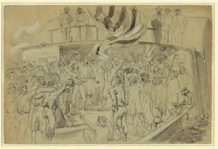Exchanged (Union) Prisoners on board the liza Hancox (sic) (Colonel Mulford) Despatch boat-Cheering the Stars & Stripes LCCN2004660902