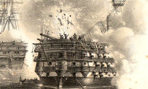 Explosion d'un obus russe sur la dunette du Ville de Paris 1854 devant Sebastopol