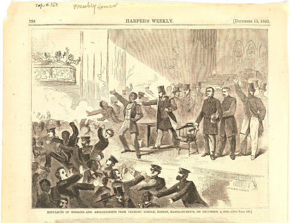 Expulsion of negroes and abolitionists from Tremont Temple, Boston, Massachusetts, on December 3, 1860 (Boston Public Library)