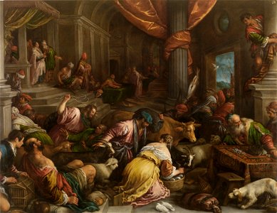 Expulsión de los mercaderes del Templo, de Francesco Bassano (Museo del Prado). Free illustration for personal and commercial use.