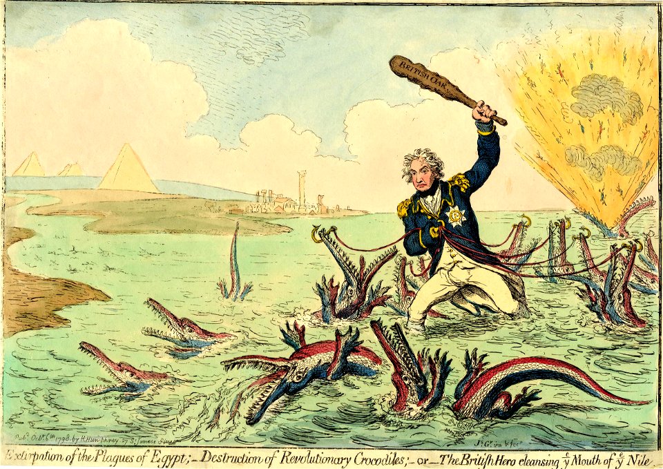Extirpation of the plagues of Egypt;-Destruction of Revolutionary Crocodiles;-or- The British Hero cleasing ye mouth of the ye Nile. (BM 1868,0808.6773)