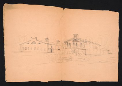 Exterior view of tram terminal building, with sketch of horses pulling a tramcar in foreground LCCN2016649105