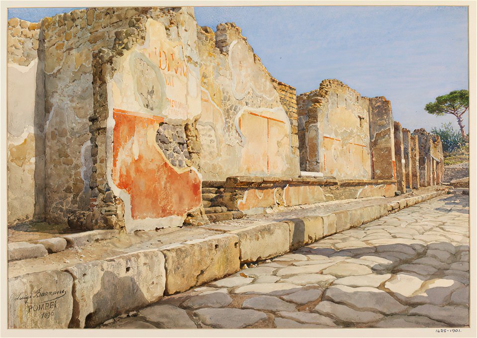 Exterior wall of a domus in Pompeii watercolor by Luigi Bazzani