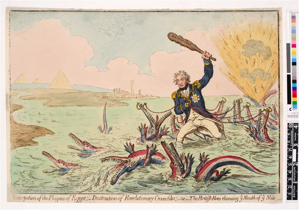 Extirpation of the plagues of Egypt;-Destruction of Revolutionary Crocodiles;-or- The British Hero cleasing ye mouth of the ye Nile. (BM 1868,0808.6773 1)