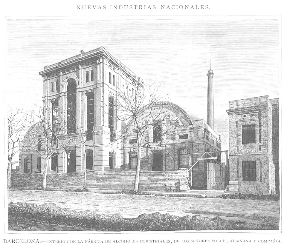 Exterior de la fábrica de alcoholes industriales, de los señores Folch, Albiñana y Compañía, en Barcelona, por Capuz, La Ilustración Española y Americana, 22-01-1883