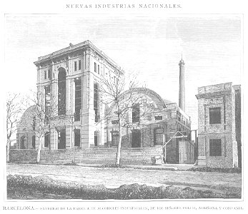 Exterior de la fábrica de alcoholes industriales, de los señores Folch, Albiñana y Compañía, en Barcelona, por Capuz, La Ilustración Española y Americana, 22-01-1883