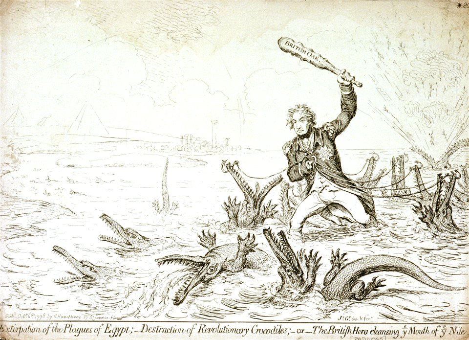 Extirpation of the Plagues of Egypt, - Destruction of Revolutionary Crocodiles -or- The British Hero Cleansing ye Mouth of ye Nile. (Caricatures) RMG PU4065