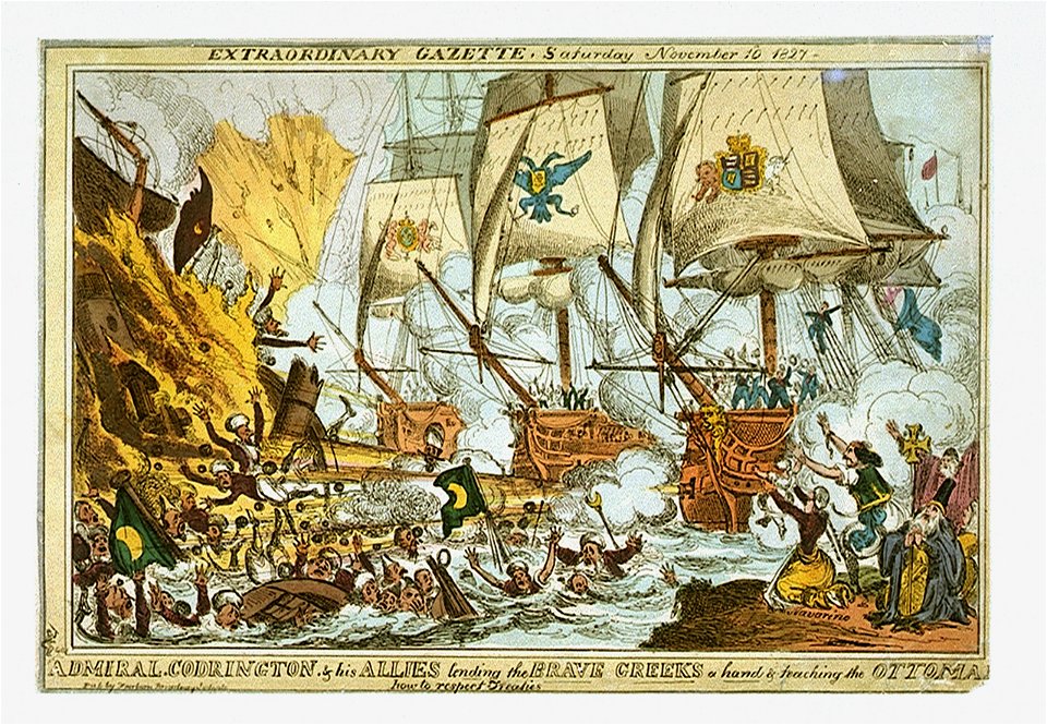 Extraordinary Gazette, Saturday November 10th 1827 - Admiral Codrington and his Allies lending the Brave Greeks a hand and teaching the Ottoman how to respect Treaties (caricature) RMG PW3938