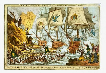 Extraordinary Gazette, Saturday November 10th 1827 - Admiral Codrington and his Allies lending the Brave Greeks a hand and teaching the Ottoman how to respect Treaties (caricature) RMG PW3938