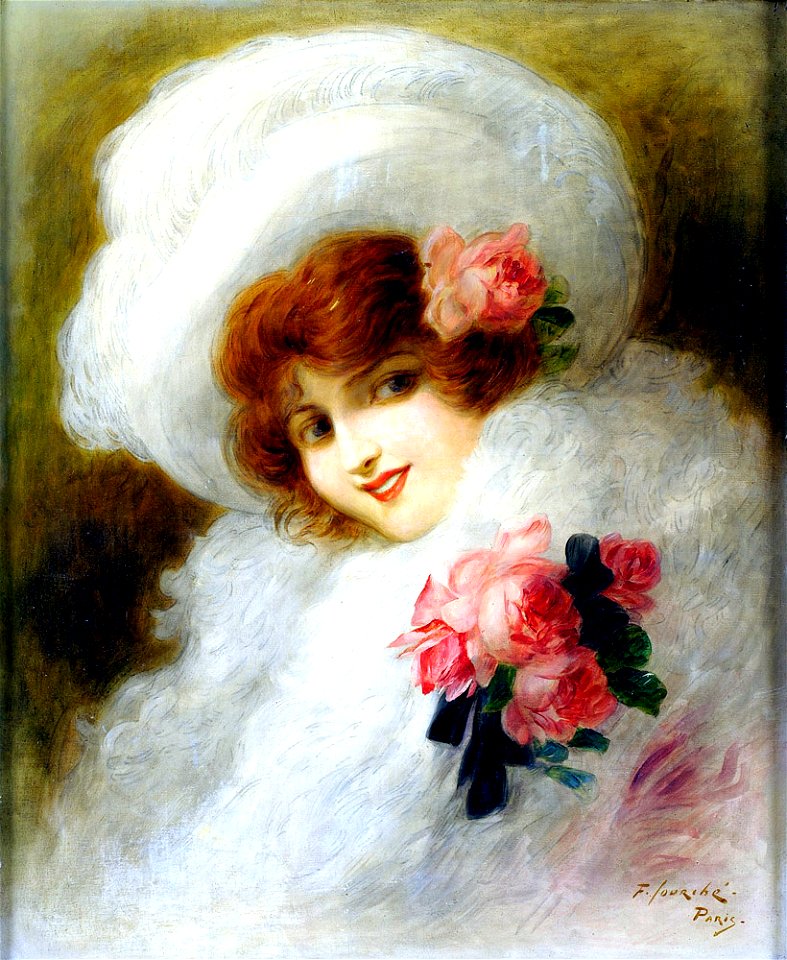 F Courché Dame mit Rosen