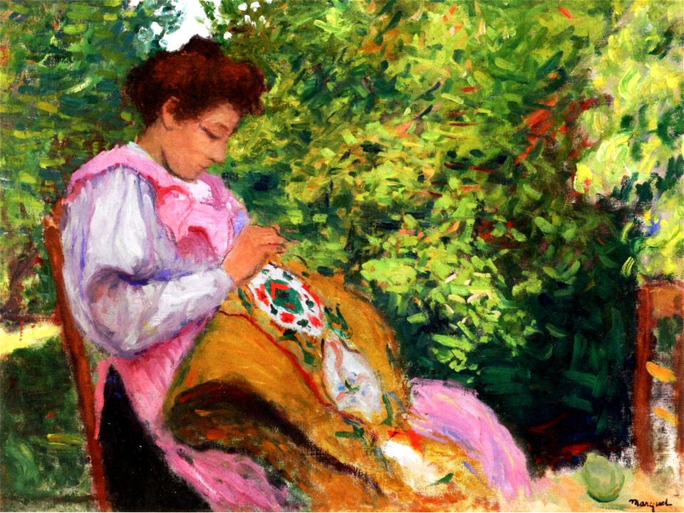 Girl Embroidering, Seated in a Garden Albert Marquet (1896)
