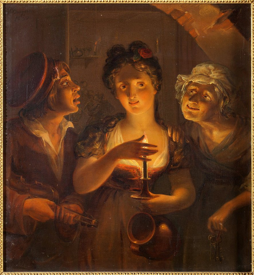 Girl Holding a Candle Standing between a Fiddler and an Old Woman (Pehr Berggren) - Nationalmuseum - 23027