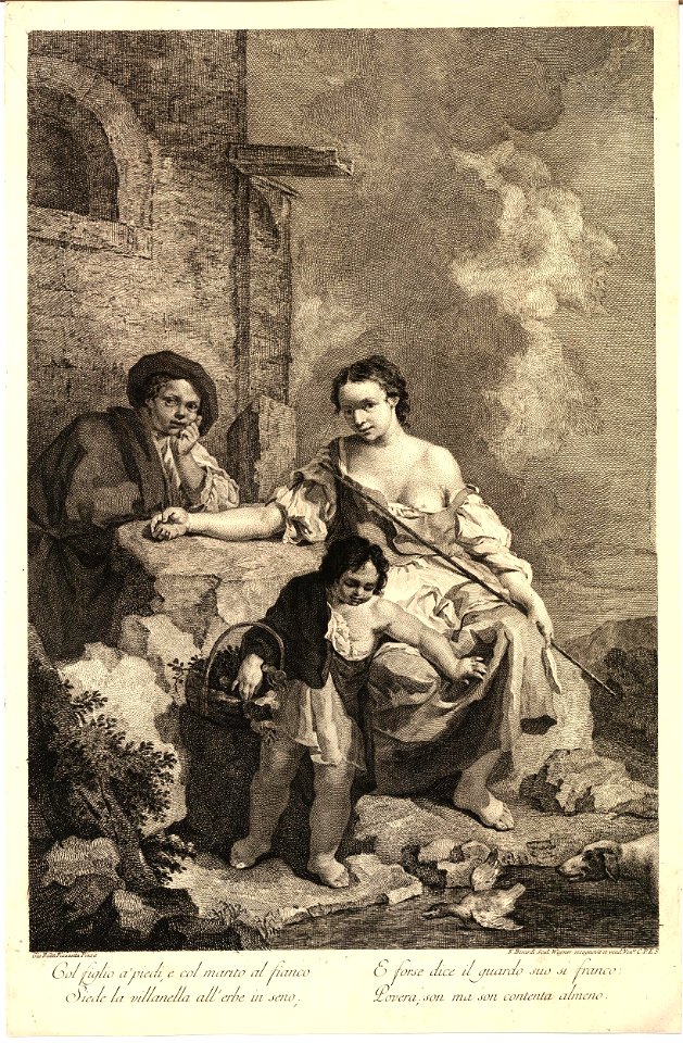 Fabio Berardi - A peasant woman seated holding a stick, with her son holding a basket before before her and her husband alongside, 1927,0218.69