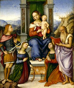 Girolamo Marchesi - The Virgin and Child Enthroned with Saints Michael, Catherine of Alexandria, Cecilia, and Jerome - Google Art Project. Free illustration for personal and commercial use.