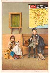 Girl holding doll and boy with dog in waiting room at railroad station) - The Strobridge Litho Co., Cincinnati, O. U.S.A LCCN93506231