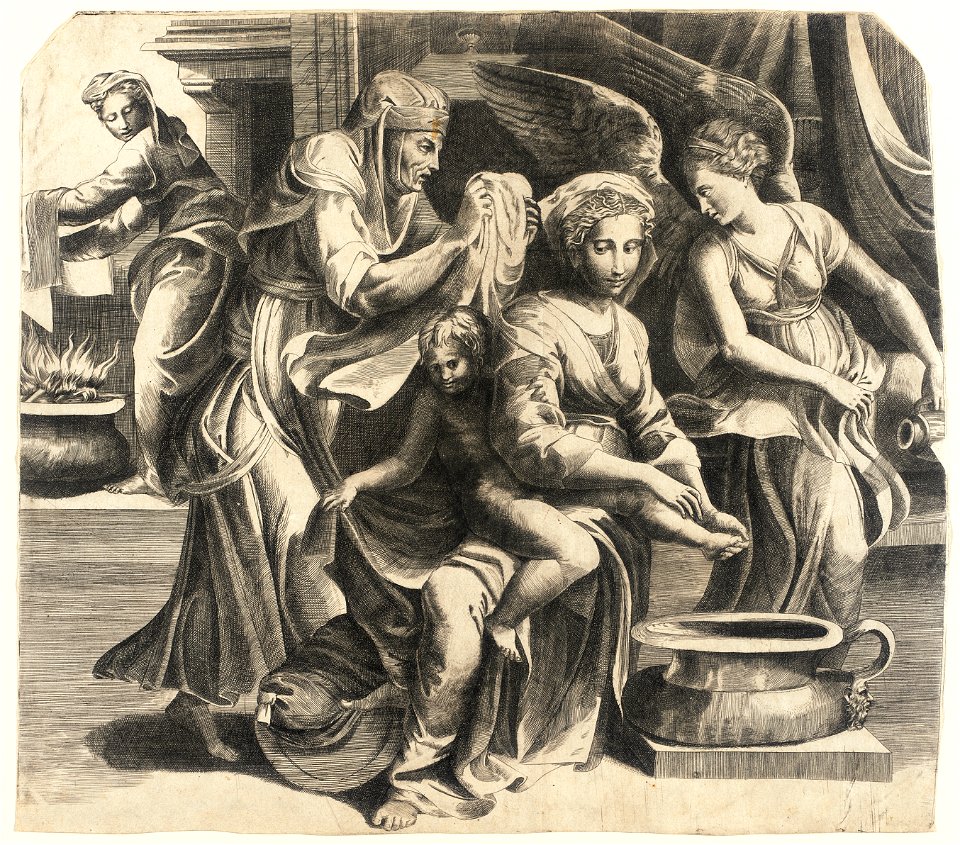 Giulio Bonasone - The Holy Family with the Virgin Bathing the Christ Child
