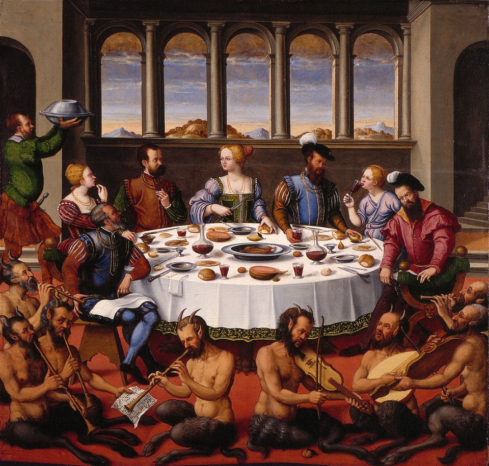 Girolamo da Santacroce - Interieur met gezelschap aan tafel en musicerende saters - NK1671 - Cultural Heritage Agency of the Netherlands Art Collection