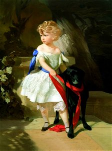Girl with dog by I.Makarov (1860s). Free illustration for personal and commercial use.