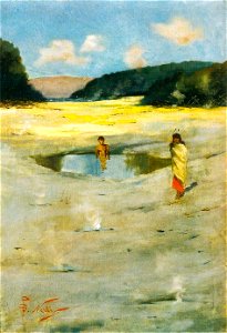 Girolamo Nerli - Maori children bathing in Hot Pools, Rotorua. Free illustration for personal and commercial use.